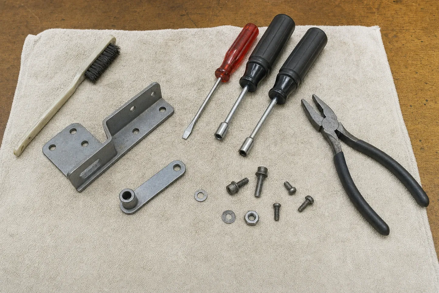 Wire brush, drivers and pliers on a folded cloth over a wooden bench, with a steel hinge bracket and loose nuts and screws