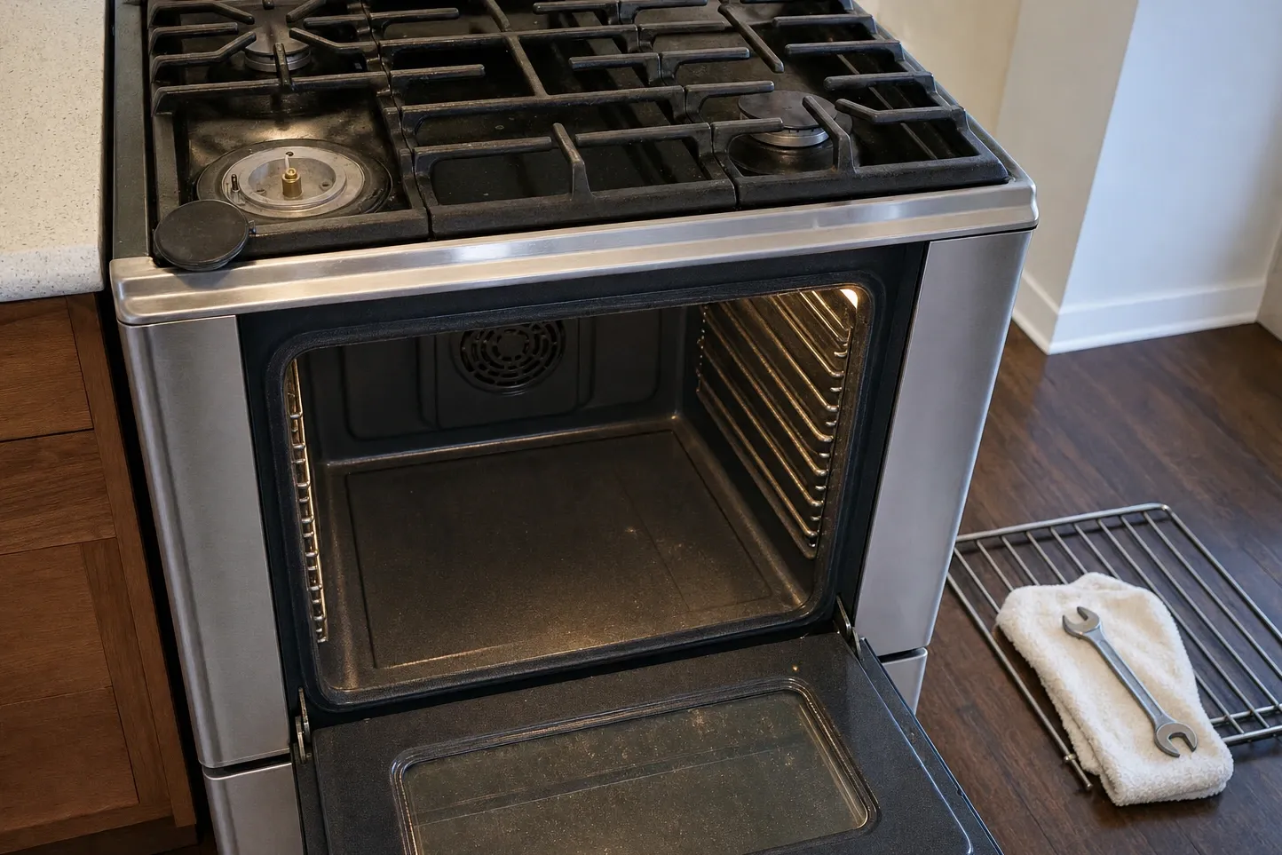 Stainless gas range with the oven door down and the cavity empty, an oven rack and a wrench on a towel on the floor