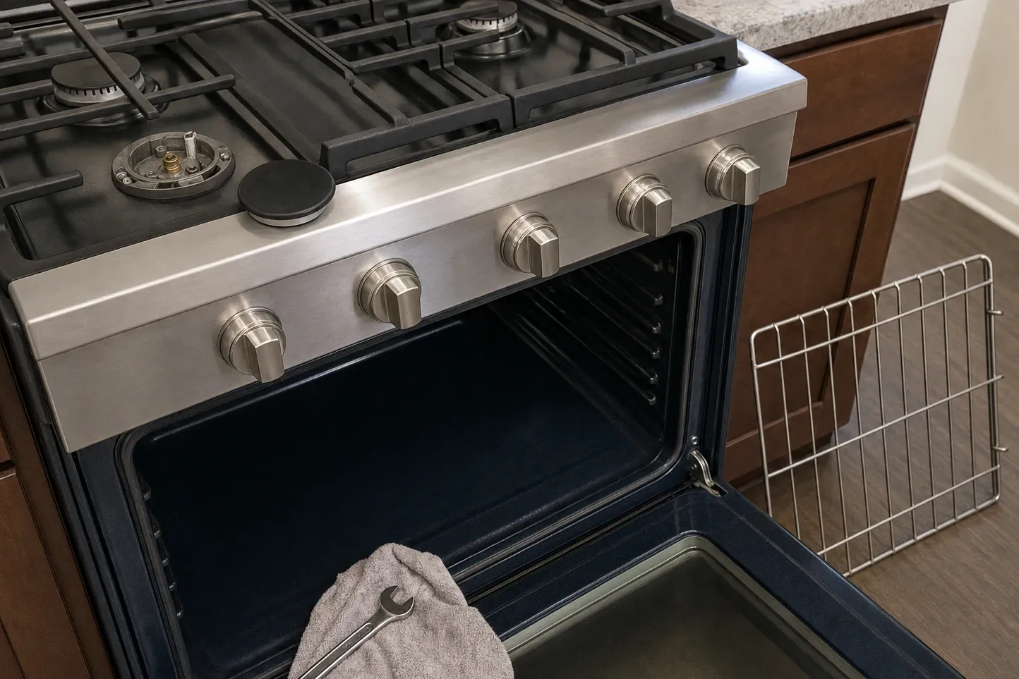 Stainless professional gas range from the side: knobs along the control rail, one burner cap lifted off, oven door open