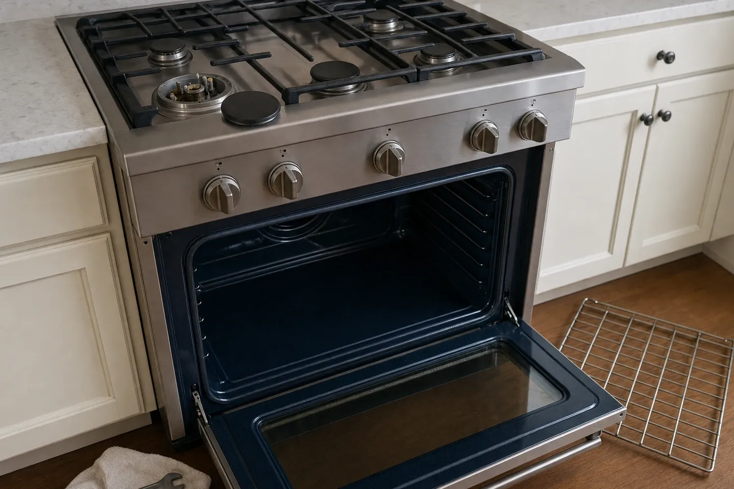 Cast-iron grates over sealed burners with one cap lying flat on the cooktop and the burner base and its igniter exposed